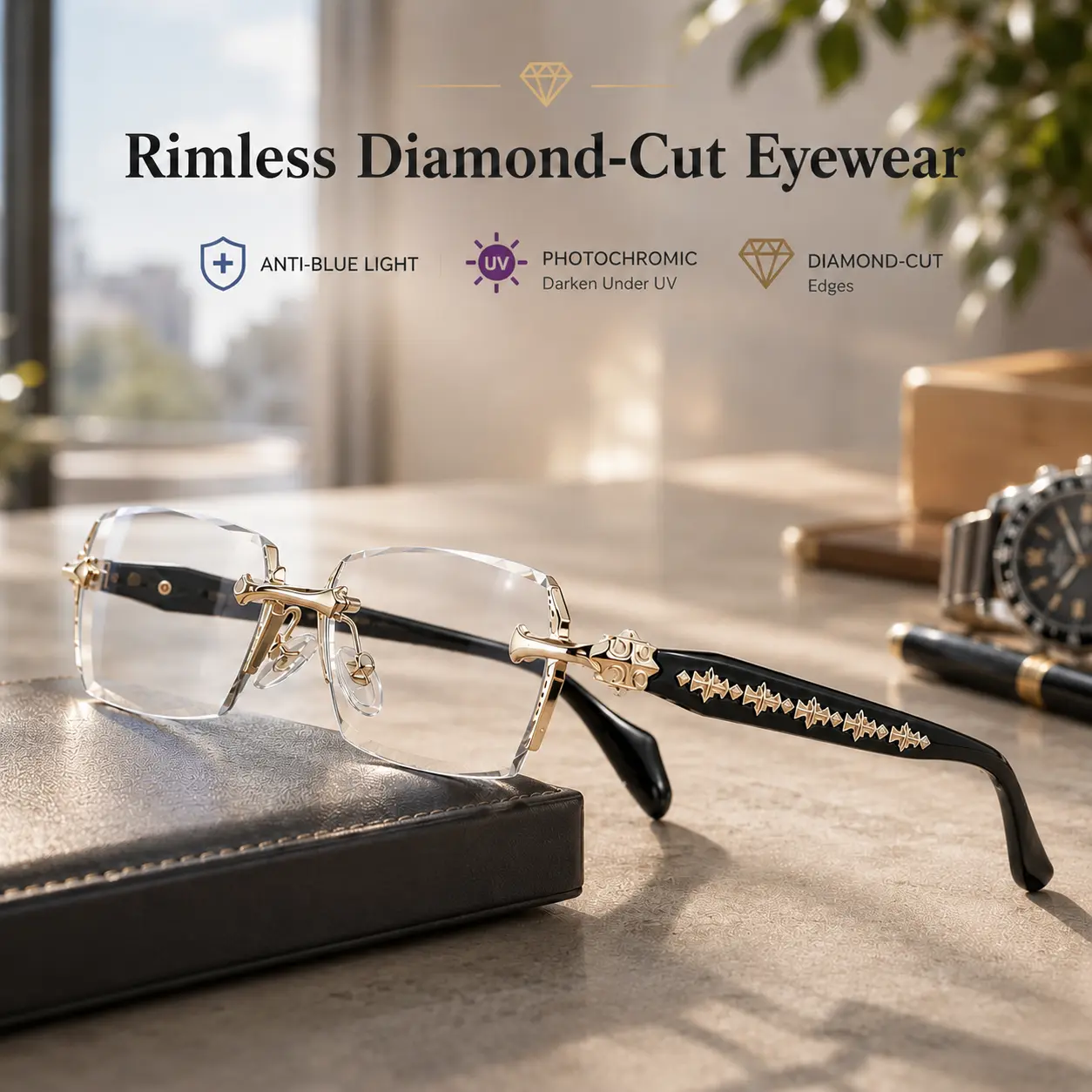 Rimless Blue Light Blocking Photochromic Eyewear, Lens Strength: 0.00, Frameless Vision Glasses with Clear Lenses That Darken Under UV Light, Diamond-Cut Edges, Stainless Steel Fashion Temple Decor, Unisex Adults Daily Use Accessories,