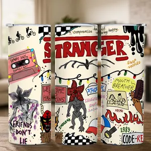 1 Pc 20oz Skinny Vacuum Cup, Tumbler, Insulated Travel Drinkware, Retro 80s sci fi doodle collage, cassette tape, monster art, double wall steel, leak proof lid, keeps hot 12 hours, cold 24 hours, for hot cold drinks, movie fan gift, gift for friends