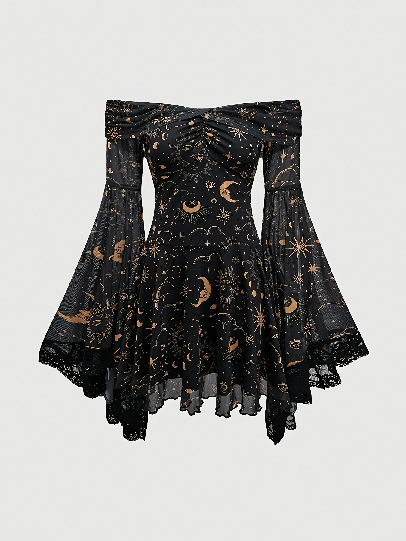 Gothic Vintage Star Moon Print off Shoulder Flounce Flared Sleeve Mesh A-Line Elegant Chic Fitted Dress, Women's Fashion Long Sleeve Party Dress, Formal Elegant Dress, Elegant Evening Dress, Womenswear