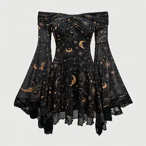 Gothic retro star moon print off shoulder eye-catching sleeve mesh A-line elegant fit dress, women's fashionable long sleeved party dress