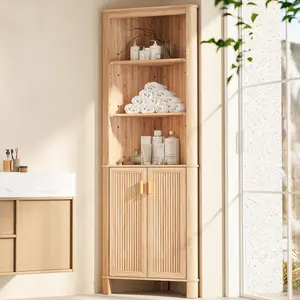 68" Tall Fluted Corner Cabinet for Bathroom, Modern Living Room & Kitchen - 5 Adjustable Shelves, Space-Saving Natural Oak Storage, Curved Profile Design