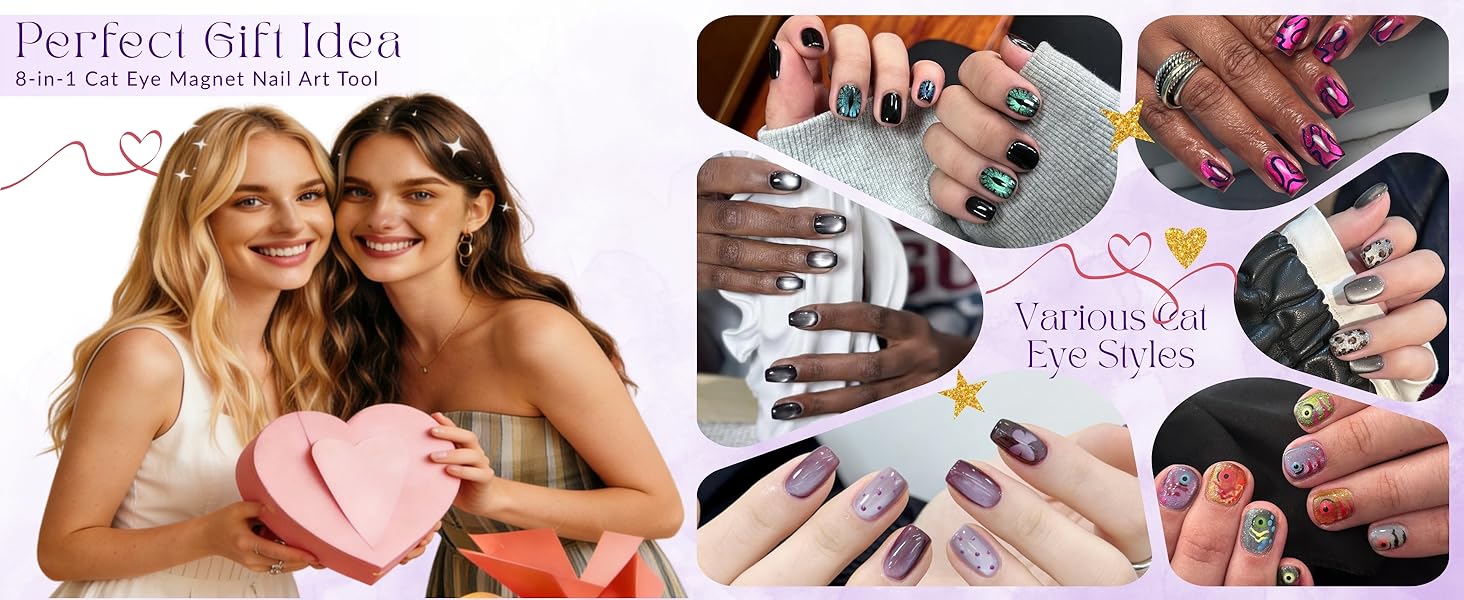 Nail Polish Magnet, 6-in-1 Cat Eye Magnet Kit for Nails, 3-in-1 Nail Polish Magnet Nail Art Tools with 5 Magic Design Plates, For Home DIY & Salon Use, Create Salon Looks Easily