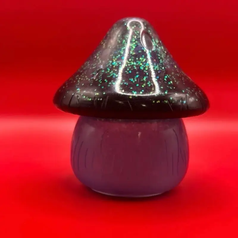 Resin Mushroom Jar with Glittery Green Accents and Textured Base for Decorative Storage
