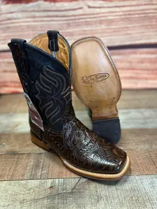 Men Cowboy Rodeo Western Genuine Cowhide Leather Hand Tooled Square Toe boot Bota Vaquera Cincelada Est.697