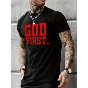 T - shirt featuring bold GOD FIRST slogan, for faith - centered fashion
