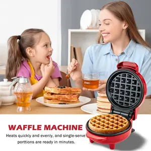 Mini waffle maker with non-stick coating, a great kitchen helper, a high-efficiency 550-watt appliance with a 4.5-inch non-stick baking pan, cooks in under 4 minutes, ideal for breakfast, brunch, lunch, or a snack. Red.