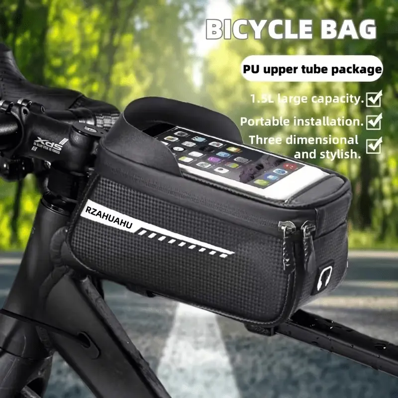 Mountain Bike Phone Holder, Waterproof PU Leather Bicycle Bag, Large Capacity Cycling Accessory, Touchscreen Compatible, Front Rack Mount, Bike Accessories