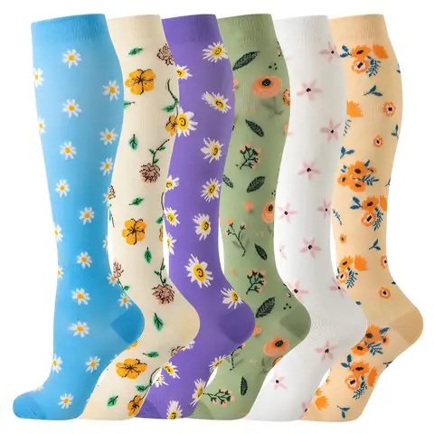 Women's Mid-Calf Sweat Wicking Socks - 6-Pack Unisex Stylish Targeted Compression Socks, Non-Slip Cuff, Leg Support Solutions, Health Support, Patterned, All Season for Workout & Work