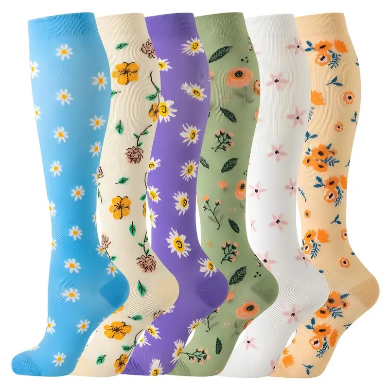 Women's Mid-Calf Sweat Wicking Socks - 6-Pack Unisex Stylish Targeted Compression Socks, Non-Slip Cuff, Leg Support Solutions, Health Support, Patterned, All Season for Workout & Work