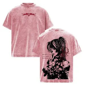 Men's Oversized T-Shirt with Death Note Misa Amane Anime Graphic, Vintage Washed Cotton Gothic Dark Aesthetic Short-Sleeve Top, Tshirt, Shortsleeve