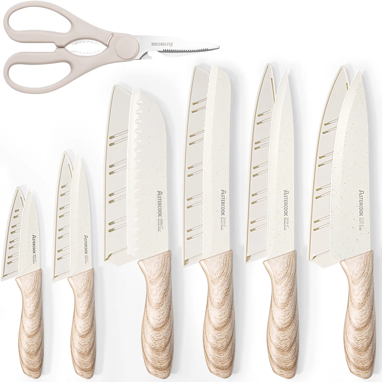 【lovely mimi knife set】Astercook 7-piece kitchen knife set, stainless steel knife set with non-stick ceramic coating, dishwasher safe, with scissors, rust-resistant Cooking Cutting knife