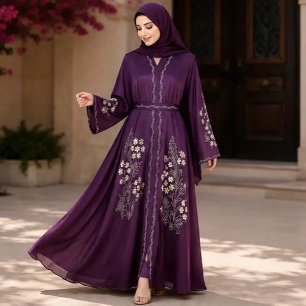 Women's Luxury Floral Embroidered Open-Front Abaya Set with Matching Hijab and Adjustable Belt Strap, Modest Fashion Inspo Islamic Clothing
