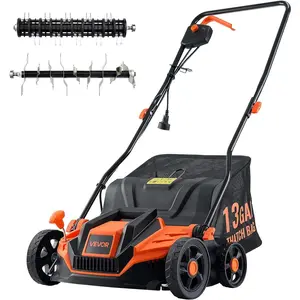 VEVOR 2-in-1 Electric Dethatcher and Scarifier, 13-Inch 13 Amp, Corded Lawn Dethatcher with 13-Gallon Thatch Collection Bag, 5-Position Depth Adjustment, Walk Behind Machine for Garden Yard Grass
