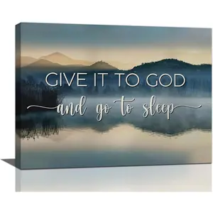 2D Flat 1pc "Give It to God And Go to Sleep" Canvas Wall Art - Inspirational Christian Quote with Serene Lake & Mountain Landscape, Pine Wood Framed Print for Living Room, Bedroom, Kitchen - Peaceful Home Decor