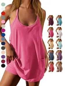 2026 Women's Athletic Sleeveless Mini Dress with  Shorts Summer V Neck Spaghetti Strap Short Spring Tennis Dress with Pockets Sports Dress