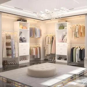 48" W - 96” W Closet Organizer, 8FT Walk in Closet Systems Starter Kit with 25” Tower and 3 Extendable Hanging Rods, Sturdy Wood Garment Rack with 4 Drawers and Mirror, Wardrobe Organizer White Furniture