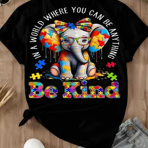 Elephant With Puzzle Pieces And Be Kind Print T Shirt Crew Neck Casual Wear For Women And Girls