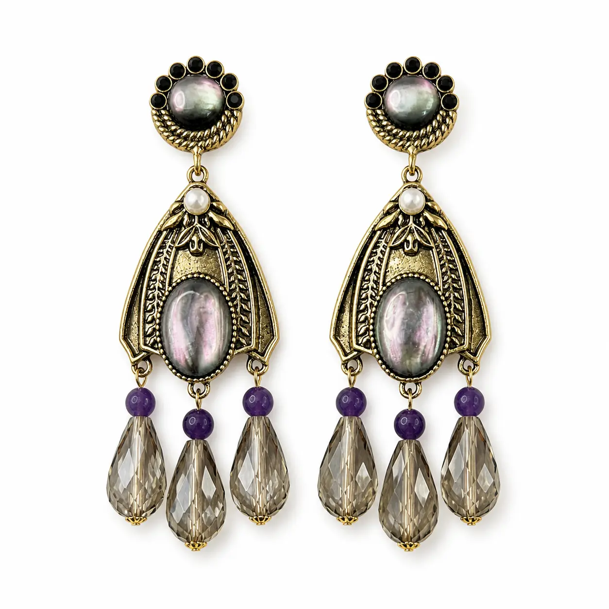 Vintage-Inspired Iridescent Chandelier Earrings for Women, Antique Gold-Tone Purple Bead Smoky Teardrop Statement Dangle Earrings