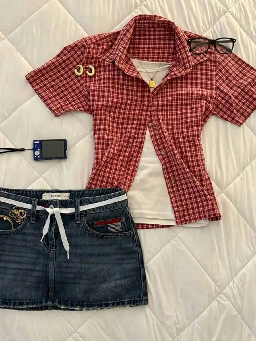 Women's Summer Casual Commuting Vacation Collegiate Style Patterned Print Short Sleeve Shirt, Back To School