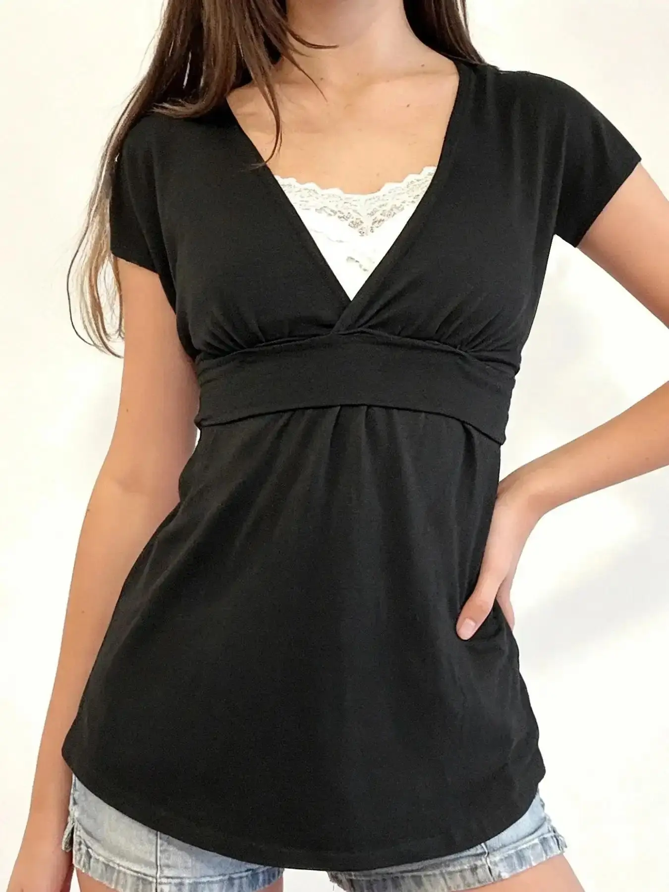 Lace Patchwork Bow V-Neck Fitted T-Shirt Y2K Short Sleeve A-Line Casual Summer Top for Girls, Cute Harajuku Style Basic Tee capsule wardrobe loose fit beach day clean look stylish luxe feel