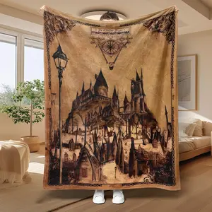 Vintage Hogwarts Castle Pattern Blanket, 1 Count Soft Comfortable Warm Throw, Cool Bedroom Bedding Blankets for Home Office Travel Dormitory Camping