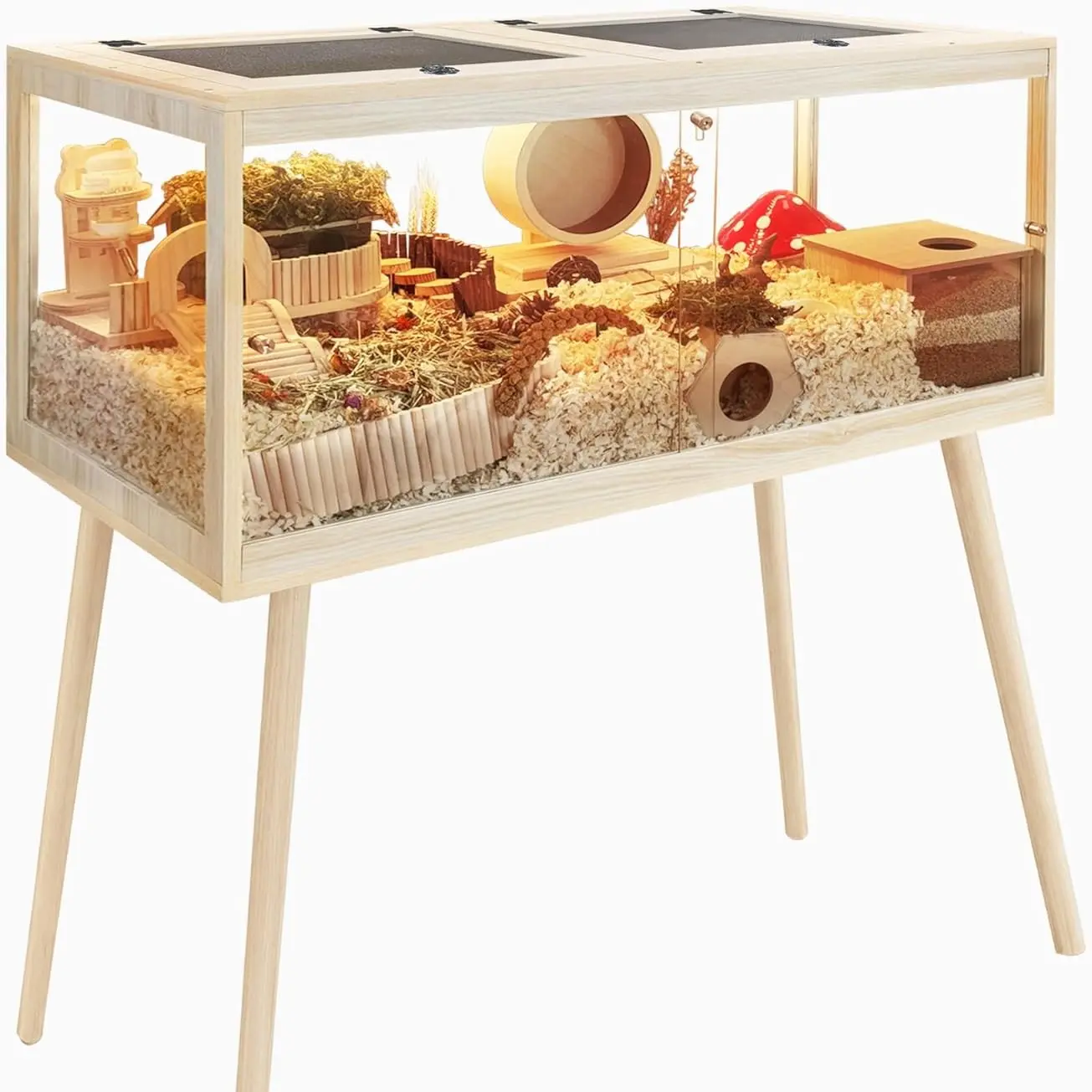 PROLEE Chew-Proof Acrylic Hamster Cage with Stand - Premium Spacious Habitat, 48"L x 20"W x 47.5"H, 960 sq.in, Wooden Panels, Transparent Sides, Openable Mesh Top, Lock Design, Waterproof, Corrosion Resistance, Easy Cleaning for Hamsters, Premium Habitat,