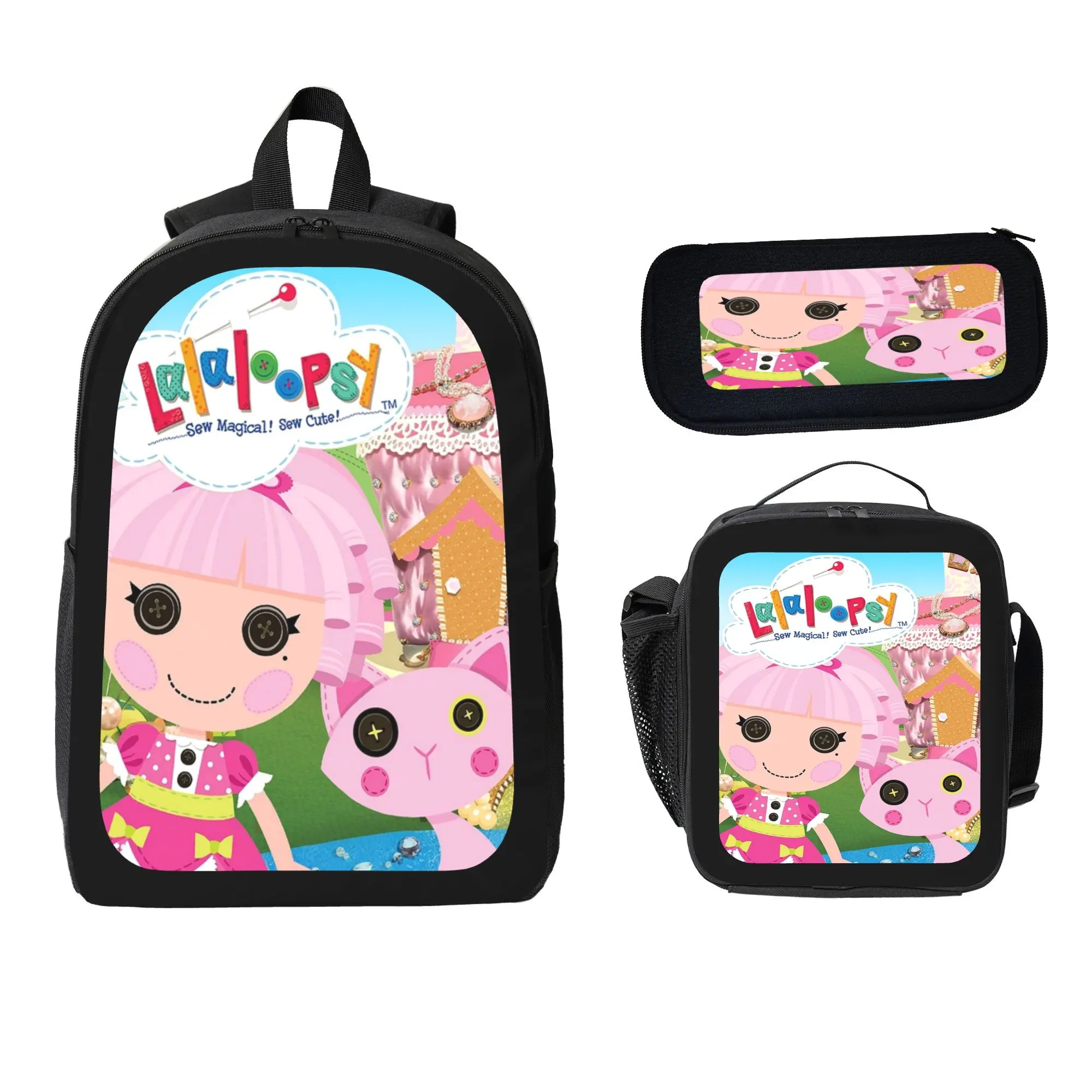 3pcs lalaloopsy Cartoon Backpack 3-Piece Set - Includes School Bag, Pencil Case, Insulated Lunch Bag - Polyester Lightweight for Daily Use, Zoo, Park & Holiday