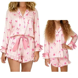 YSHWHWTS Mommy and Me Matching Pajamas Set Striped Bow Love Heart Print Button Up Lapel V Neck Long Sleeve Tops and Shorts Pants Nightwear