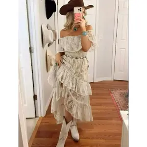 Women's off shoulder pleated layered dress, summer elegant asymmetrical eye-catching sleeve dress, lace sleeve dress, beach resort women's clothing, women's clothingRAIMENTRY
