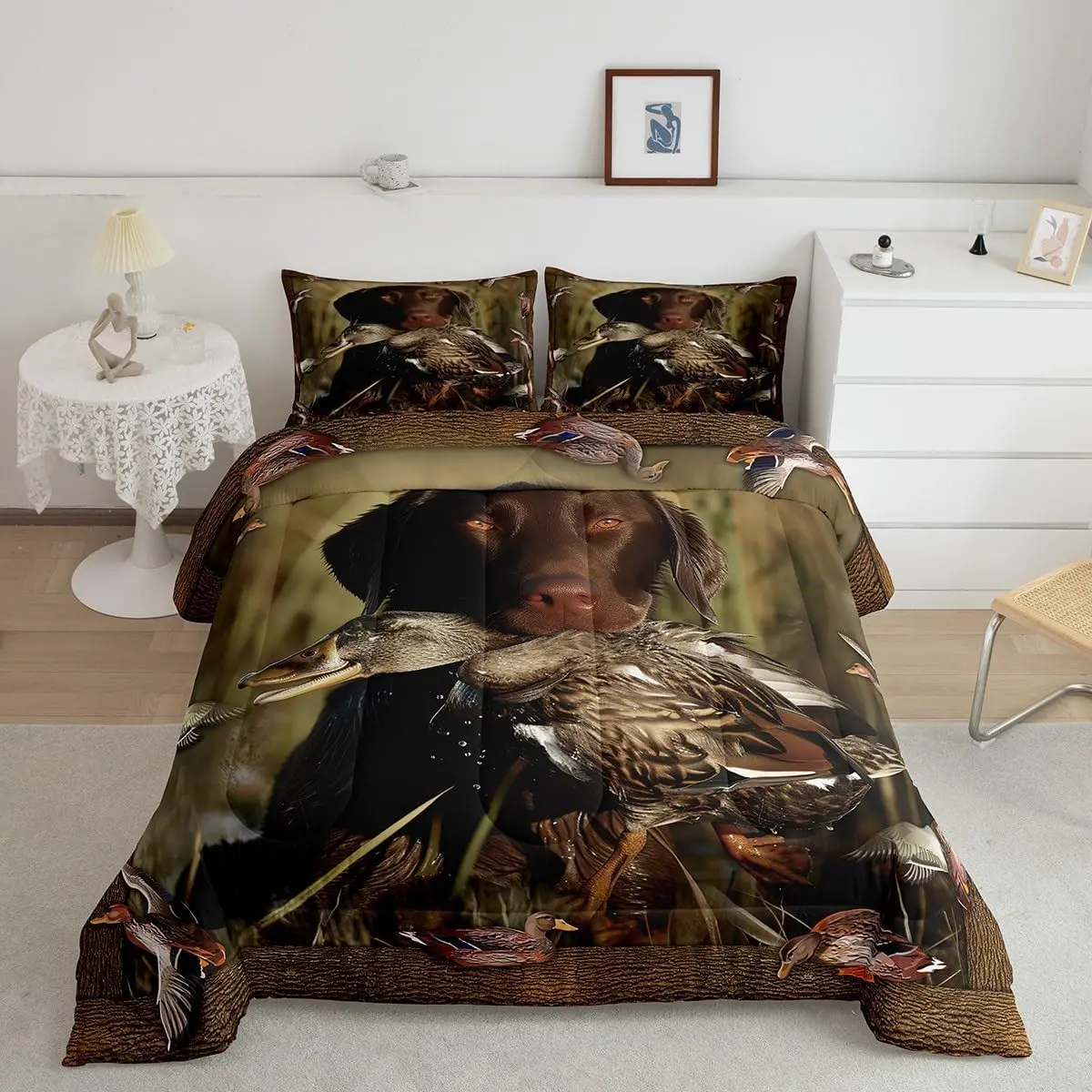 Feelyou Queen Size Lightweight Duvet Set - Microfiber Mallard Duck Hunting Bird Motif Quilt Bedding Set, Breathable Fabric Animal-Themed Farmhouse Decor for Kids