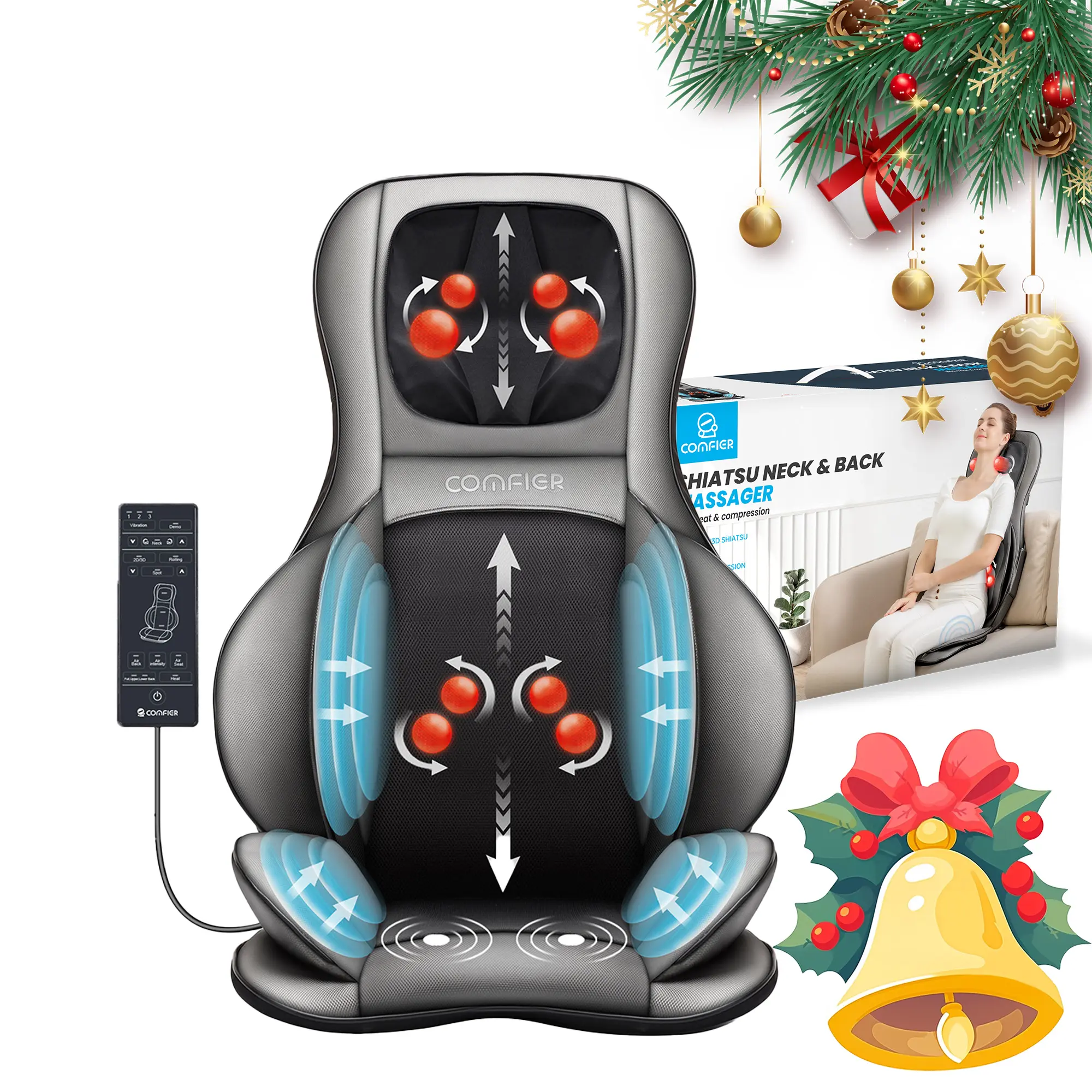 COMFIER Neck and Back Massager with Air Compress and Shiatsu , Adjustable 2D to 3D Kneading Technology for Full Body Relaxation, Back Massager with Heat , Gift for Mom Dad summerwins