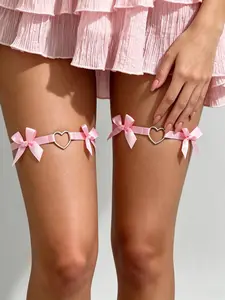 1Pair Black/Red/Pink/White Satin Bow Thigh Garters with Heart Ring, Adjustable Leg Garter Set for Women, Feminine Gothic Coquette Aesthetic Accessory