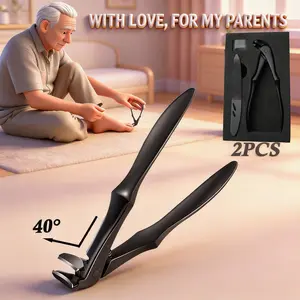 2 Piece Long Handle Curved Nail Clippers Set, Suitable for Seniors with Curved Nails, Ergonomically Designed Long Handle for Thick Nails, Large Opening, Nail Debris Splash Proof Design