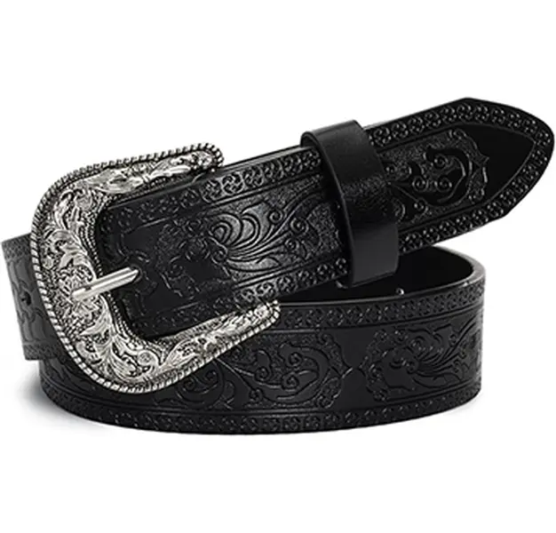 Vintage Western Cowboy Belt for Women, Men - Carved Buckle PU Leather Adjustable Hole Belt with Floral Engraving, Turquoise Bead for Casual Wear (28"-38" Waist), Western Vibe, Everyday Belts, Belts