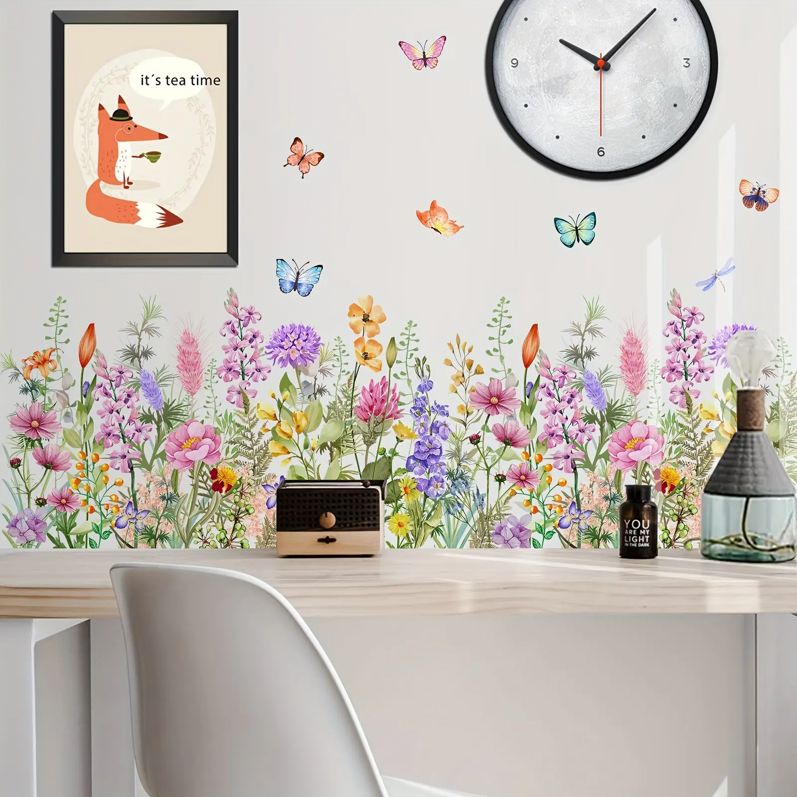 Wholesale of a creative colorful flower and butterfly wall sticker for spring, suitable as home decoration for living room and bedroom background walls Floral Pattern Sticker