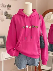 Women's Fashion Hoodie with Heart Pattern Print, Casual Kangaroo Pocket Sweatshirt for Fall & Winter, Perfect for Christmas and Daily Wear