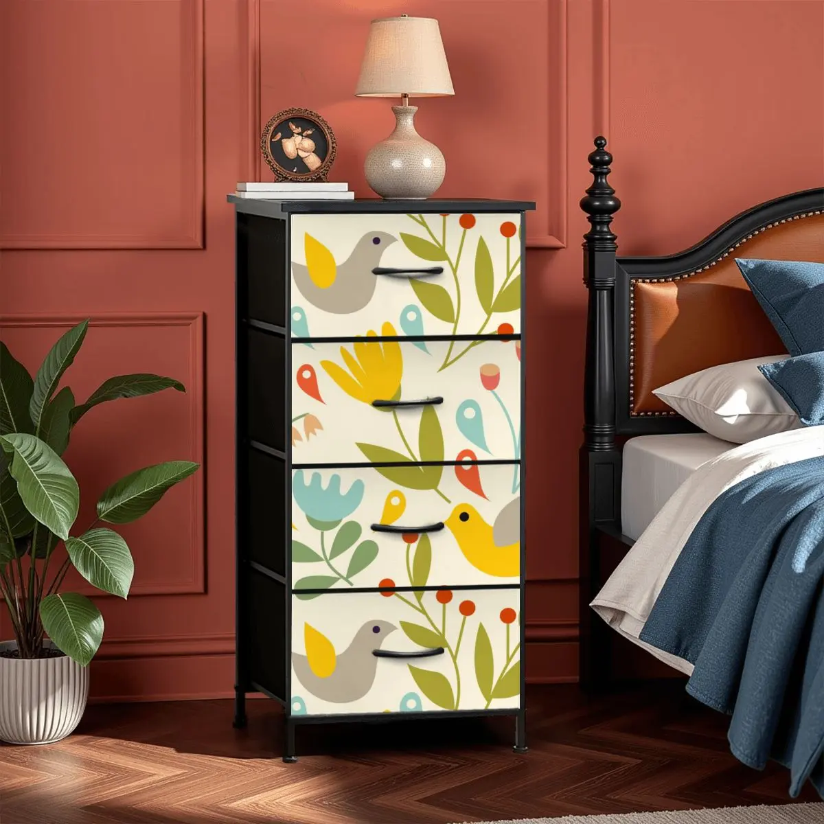 Folk Art, Modern Danish Hygge, Scandinavian, Norwegian, Bird, Floral, Yellow, Orange, Green 4-Drawer Dresser