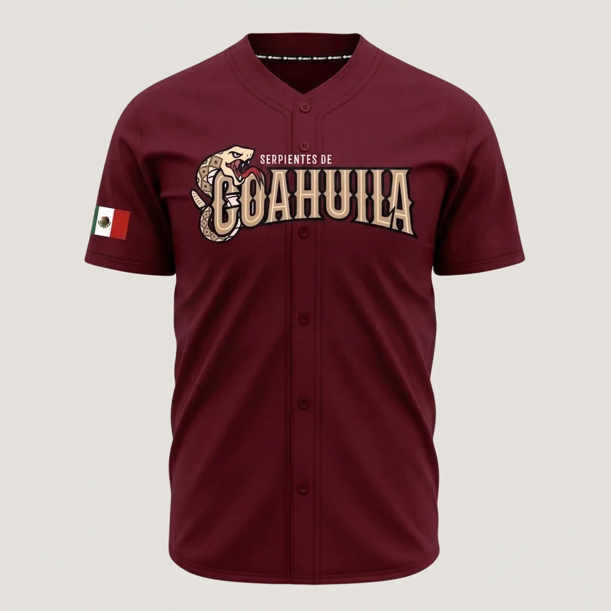 Unisex Serpientes de Coahuila Maroon Baseball Jersey – Mexico Heritage Snake Graphic Button-Up Sports Shirt, Mexican Pride Fan Apparel, Lightweight Athletic Game Day Jersey
