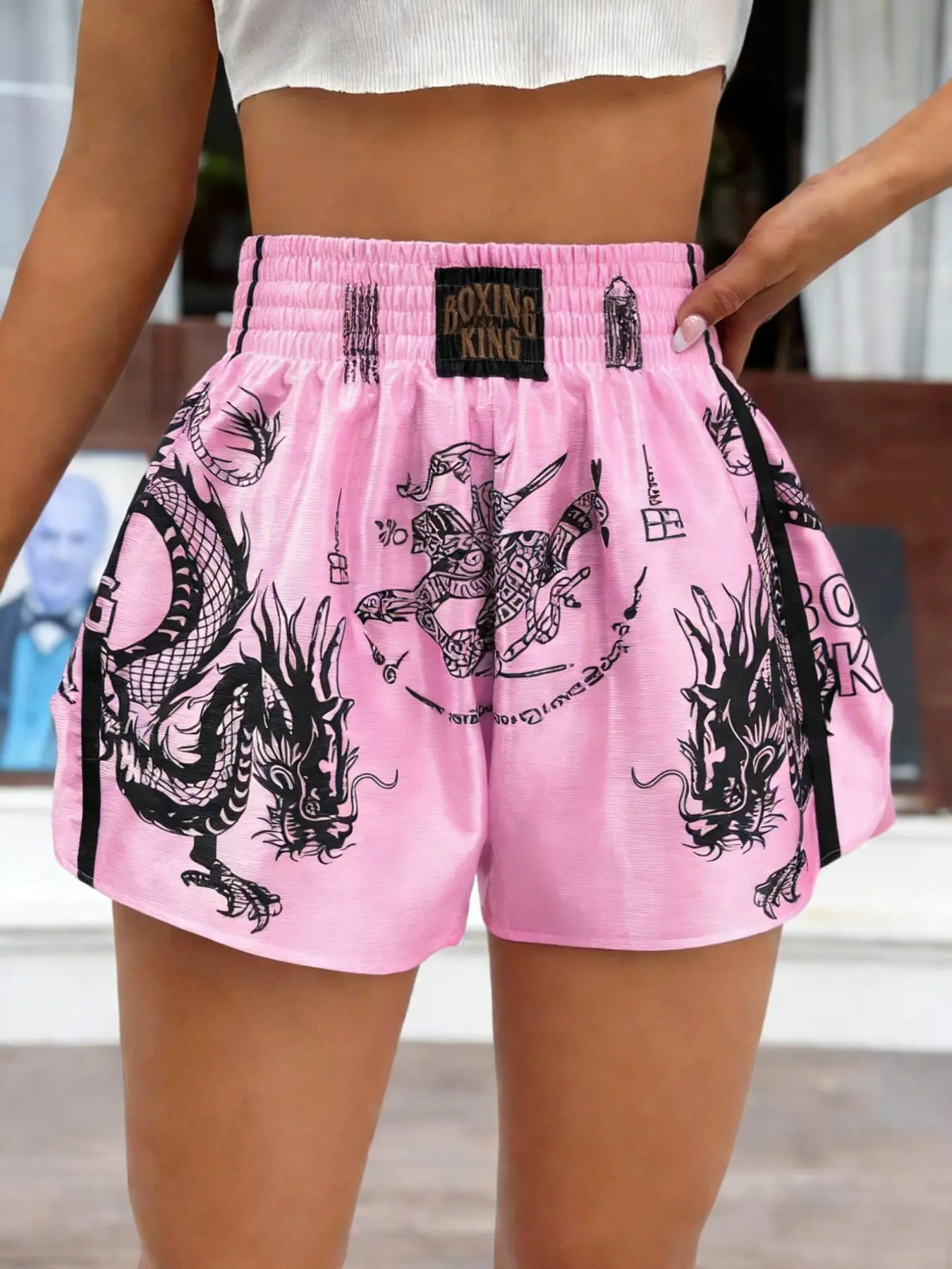 Women's Casual Boxing Shorts in Sakura, Bold Graphic Dragon Print, High Waist for Comfort, Perfect for Daily Wear & Gym, Workout Shorts, Fitness Shorts, Sport Shorts, Casual Athleisure Shorts, Versatile Usage, Streetwear Vibes, High Waists Shorts