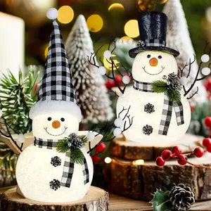 2 Pack Black and White Christmas Decor, 14" Lighted Snowmen Tree Buffalo Check Plaid Farmhouse Decorations, Table Centerpieces Rustic Gifts Tiered Tray Decor for Christmas Party