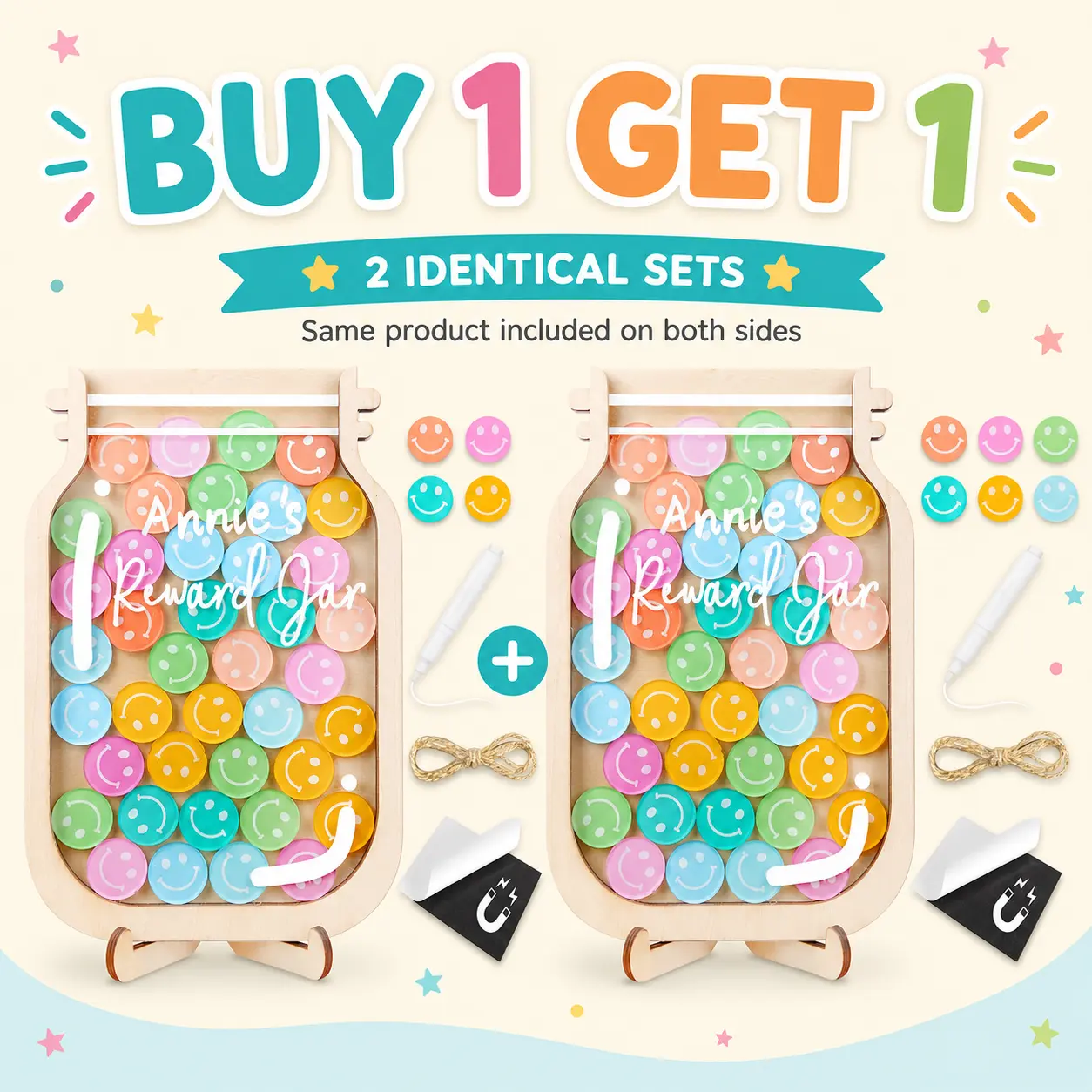 [BUY 1 GET 1] Reward Jar for Kids & Teachers, DIY Name Wooden Chart Included, Perfect for Potty Training & Classroom Behavior Tracking, Educational Learning Tools Kids &Teacher Gifts, Kids Stuff Gift, Gift For Teacher, Easter Gift for Kid