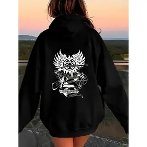 Women's Supernatural TV Series Inspired Gothic Letter and Iconic Character Print Hoodie - Casual Pullover with Drawstring Hood, Comfortable for All Seasons, Machine Washable Fan Clothing Suitable for Daily Wear and Theme Events (Official TV Series Merchan
