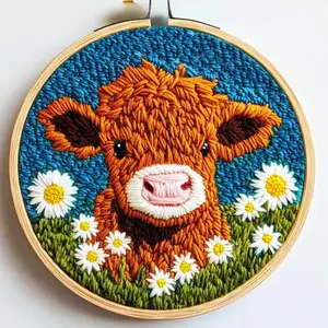DIY Punch Needle Kits for Beginners Cute Cartoon Highland Cow with Daisy Flower with Hoop Embroidery Punch Needle Starter Craft Set Easy for Adults and Children Festival Gift and Decoration 20x20cm-1