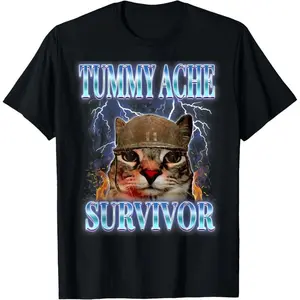 Tummy Ache Survivor Cat Meme Funny Saying Cats Animals T-Shirt for Adult Kids Boy Graphic Tees Funny Vintage Fashion Short Sleeve Tops Vacation Outfits Clothing