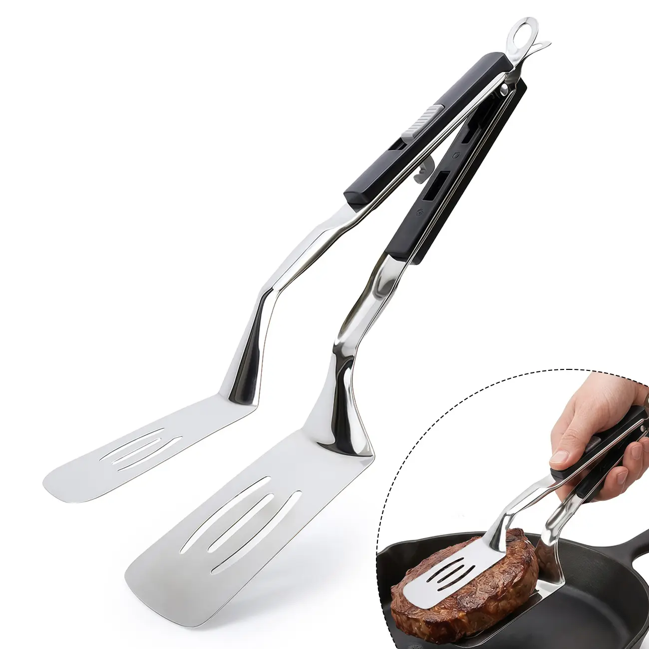 11.6 in 304 Stainless Steel Kitchen Cooking Tongs - Barbecue Tongs with Sliding Buckle Push-Pull Design, Kitchen Gadgets for Flipping Steak, Fish, Grill Utensil Clip