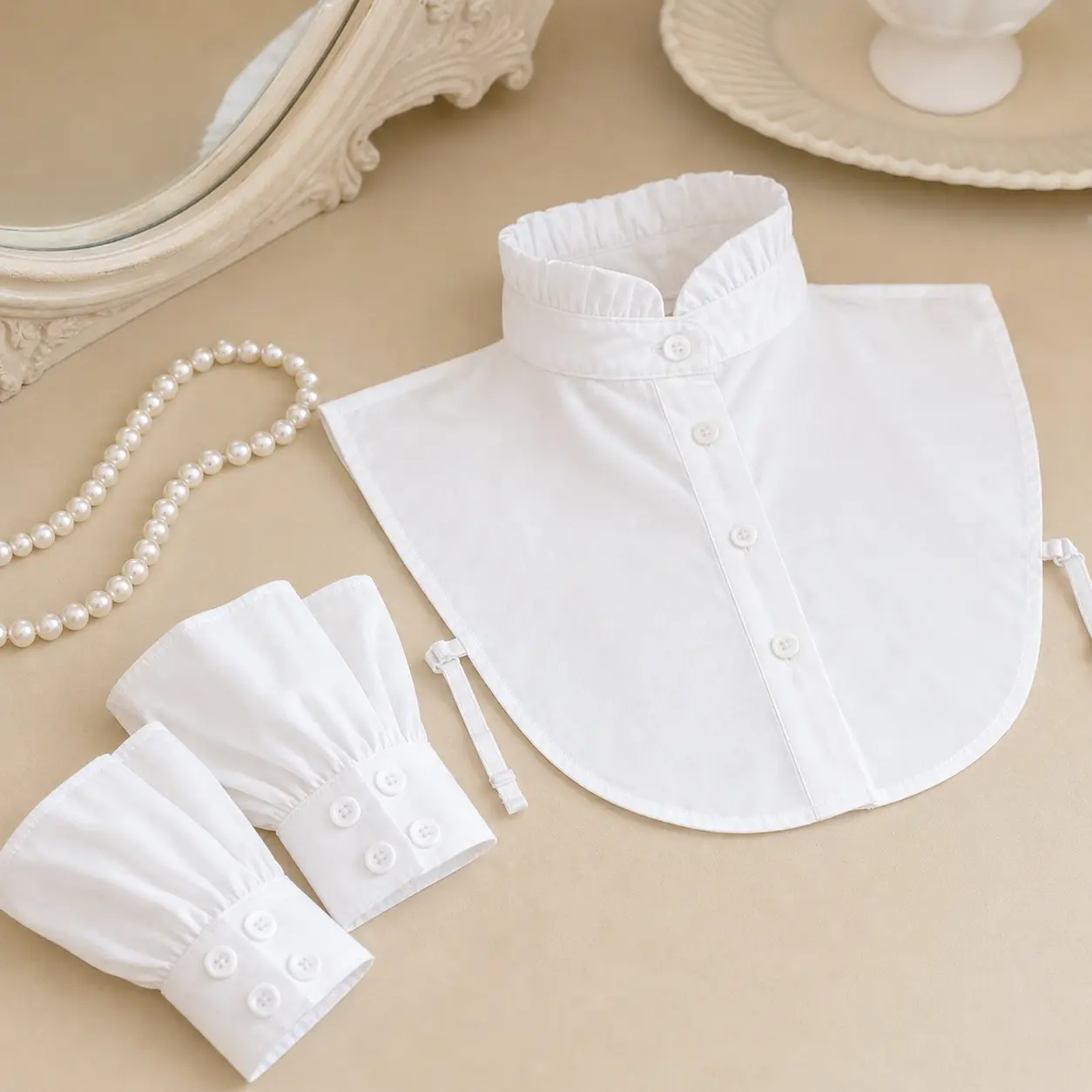 Women’s detachable dickey collar blouse with white sleeve cuffs, half shirt layering false collar, pleated fake sleeve cuffs, versatile shirt cuff set for suit blouses and costume accessories