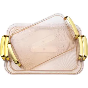 3-Piece Amber Plastic Serving Tray Set with Gold Handles - Nesting Trays for Coffee, Snacks, Makeup, & Home Decor