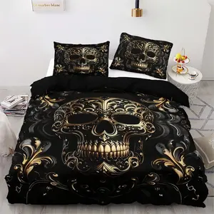 Gothic Skull Duvet Cover Set, 3 Piece Bedding with Pillowcases, Halloween Theme, Luxury Gothic Design, Bedroom Decor