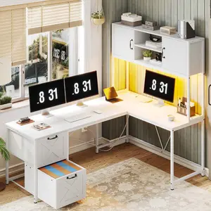 SIKAIC 86.6" L Shaped Gaming Desk with LED, White Corner Computer Desk with Drawers & Power Outlet