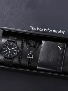 Men's Business Fashion Casual Watch Set 5pcs Men Accessories, Includes Wallet Necklace Bracelet Ring, Perfect Gift for Daily Party Birthday Teacher Appreciation Day